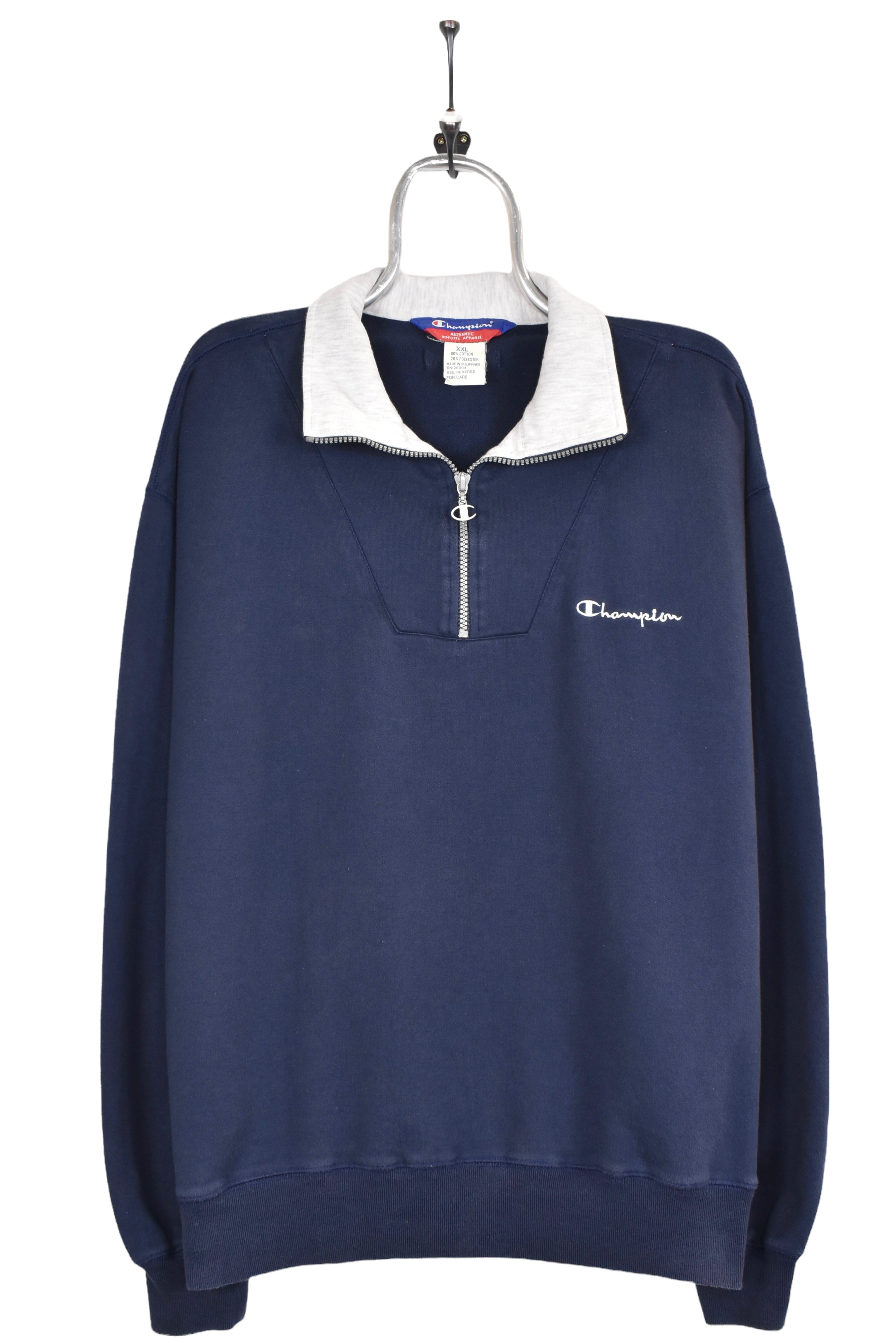Vintage Champion sweatshirt, navy blue embroidered 1/4 zip jumper - AU XL CHAMPION